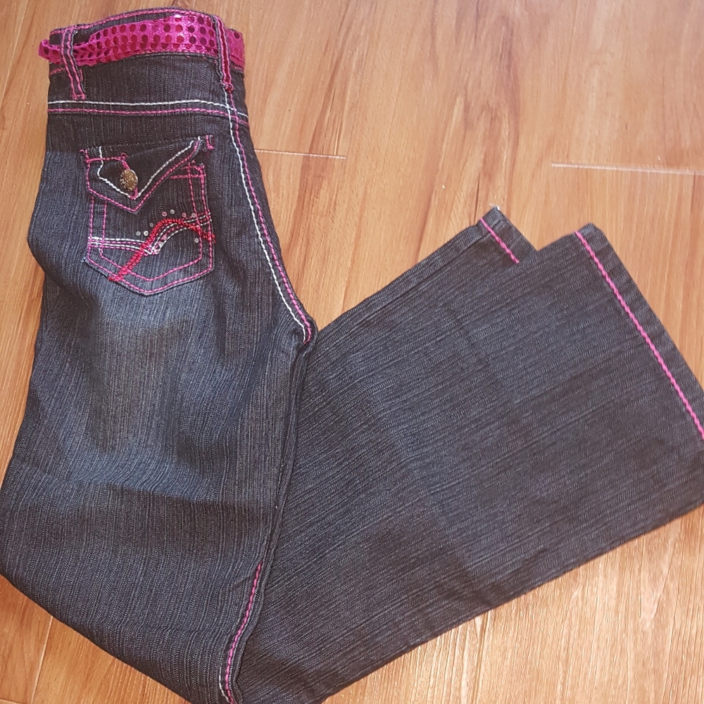 2 be Real Pink Sequin Dark Wash Flare Jeans